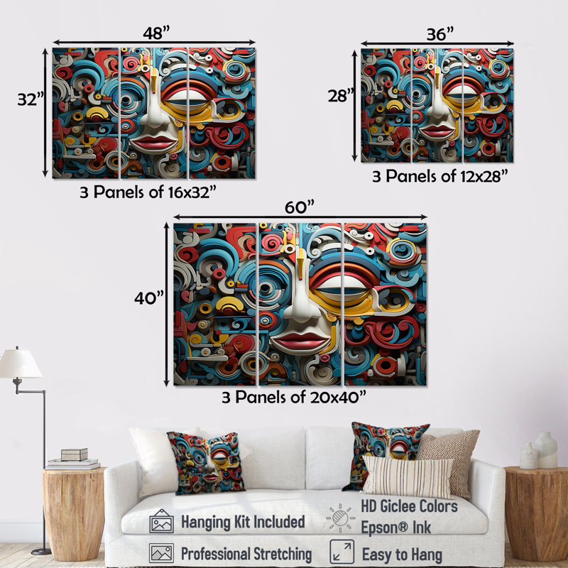 Masque géométrique d'art mexicain - ensemble d'art mural mexicain, H 28 po x l 36 po
