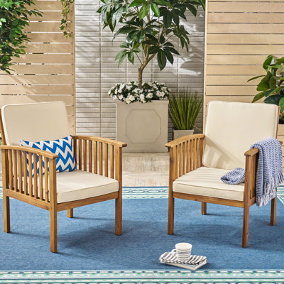 2Pcs Wood Outdoor Chairs With Deep Seating And Padding Wide Slots, Waterproof Cushion Middle Inner Filling