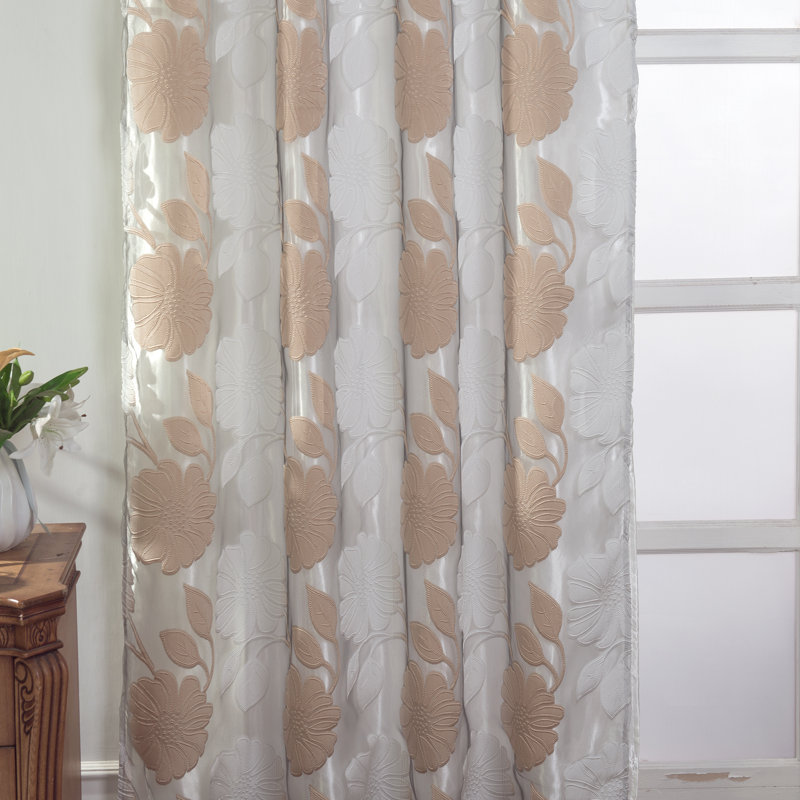 Panneau de rideau simple semi-diaphane avec passe-tringle Floral, Gris / Rose