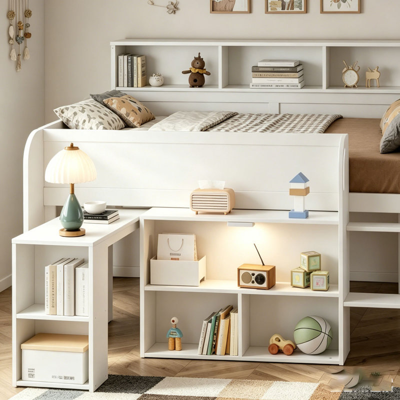 Lit mezzanine en bois avec plusieurs tablettes de rangement, bureau et DEL, Blanc