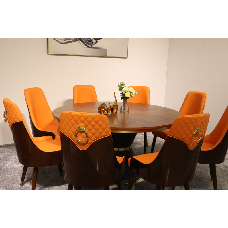 Vogue Lux Orange 61" Round Dining Set, Orange, 7 Pieces: Table, 6 Chairs, 31" H x 51" W x 51" D