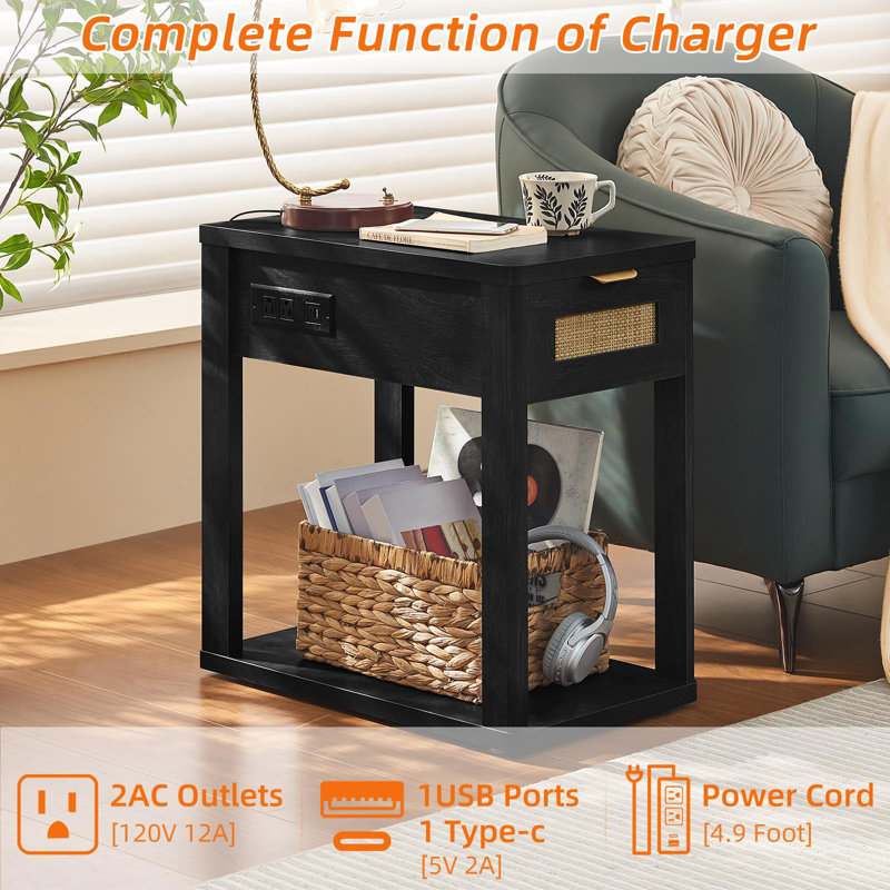Narrow Side Table with Charging Station, 24'' Rattan Night Stand with Drawer Storage, Bedside End Table with Metel Handle for Small Spaces, Wood Boho Nightstand for Living Room Bedroom (Black)