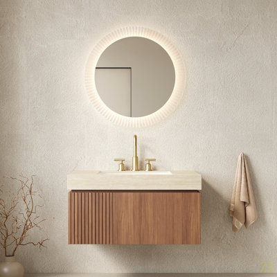 Meuble-lavabo et lavabo de 36 po MURI, armoire de rangement flottante en contreplaqué avec tiroir et porte, comptoir en pierre frittée Roma Travertine et lavabo en céramique avec 3 trous de robinet pré-percés, pré-assemblé