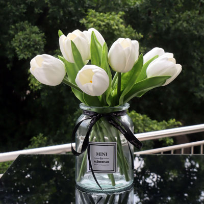 10 pièces fausses tulipes dans un vase, tulipanes blanches en soie, fleurs artificielles, tulipes blanches (y compris le vase)