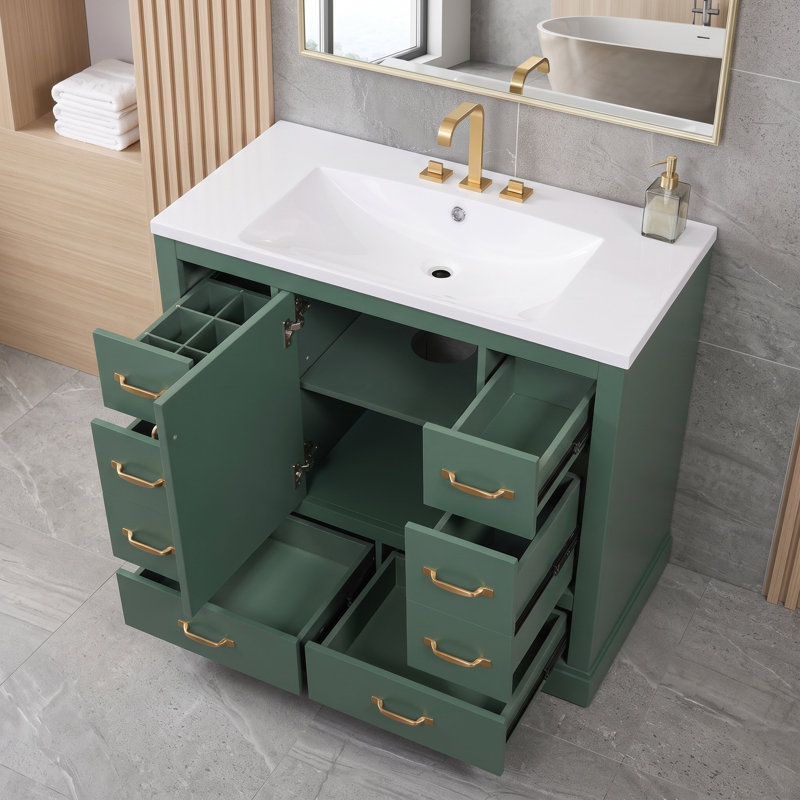 Meuble-lavabo autoportant en MDF de 91 cm (36 po) en bois massif, lavabo simple, étagère réglable, séparateur de tiroir multifonctionnel et accessoires de quincaillerie complets