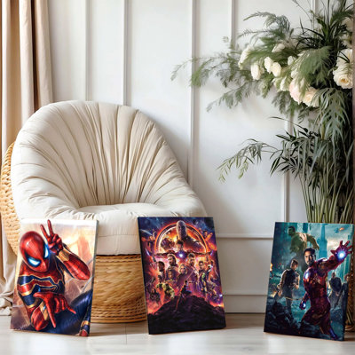 3PCS Wall Arts Posters Framed, Avengers Marvel Superhero Canvas Wall Art Prints Spider Man Iron Man Hulk Thanos Poster Decor for Living Room Bedroom Home Office Modern Decoration Gift for Kids Fans
