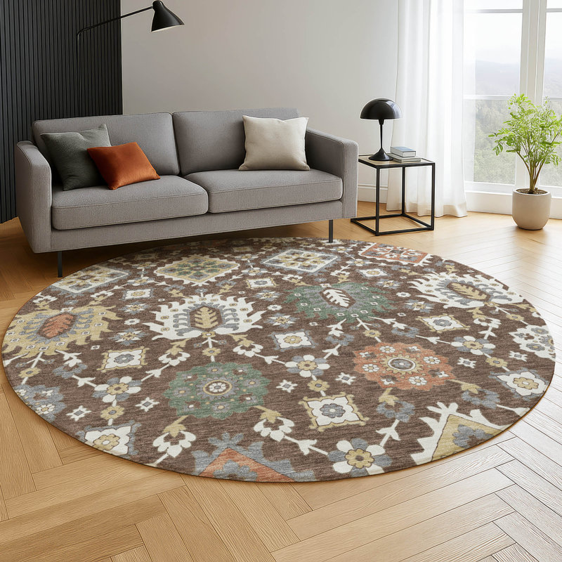 Premium Machine Washable Mayfield AMF2200 bohemian Rug, Chocolate, 8' Round