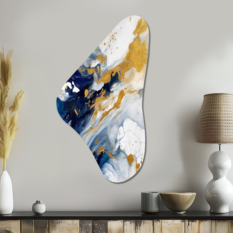 Art mural asymétrique en métal bleu foncé et doré XXVI - Fractals Boomerang, H 39 po x l 21 po