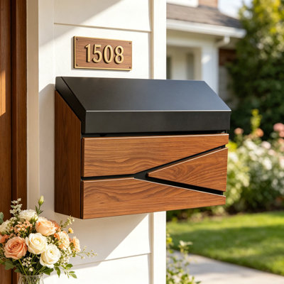 Boîte aux lettres murale pour l'extérieur, boîte aux lettres en acier galvanisé de grande capacité résistante aux intempéries avec finition en bois noir résistant aux intempéries, installation facile