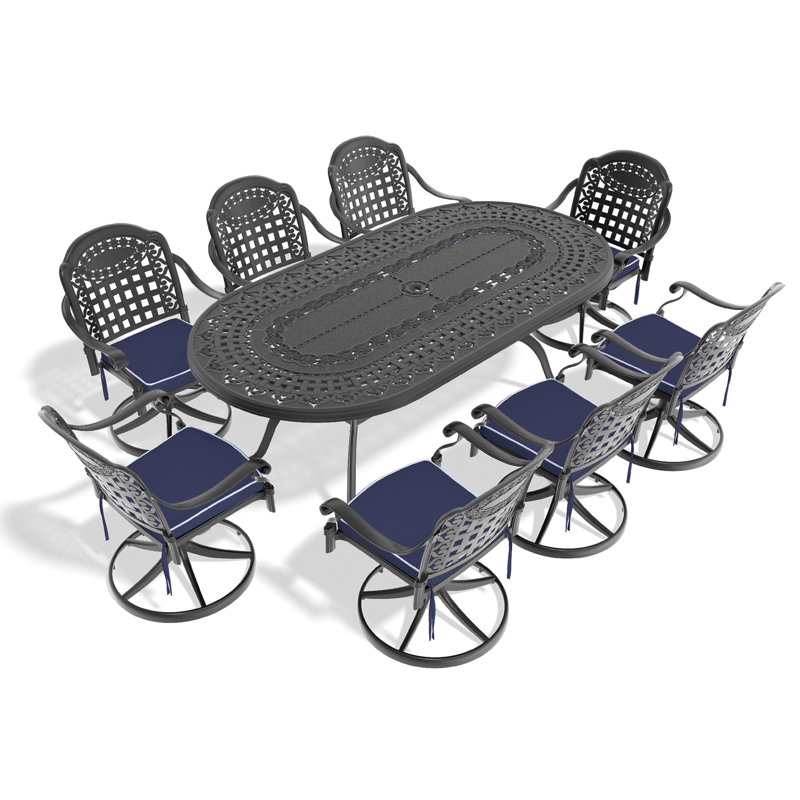 Ensemble de salle à manger 9 pièces en fonte d'aluminium, comprenant 8 chaises pivotantes et une table ovale avec cadre noir