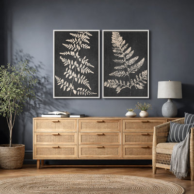 Minimal Botanical "Dark Gray & Tan Leaf Fern Artwork, Neutral Minimalist Modern Rustic Wall Pictures, Framed Canvas Giclee Print 2 Pieces Wall Art Set"