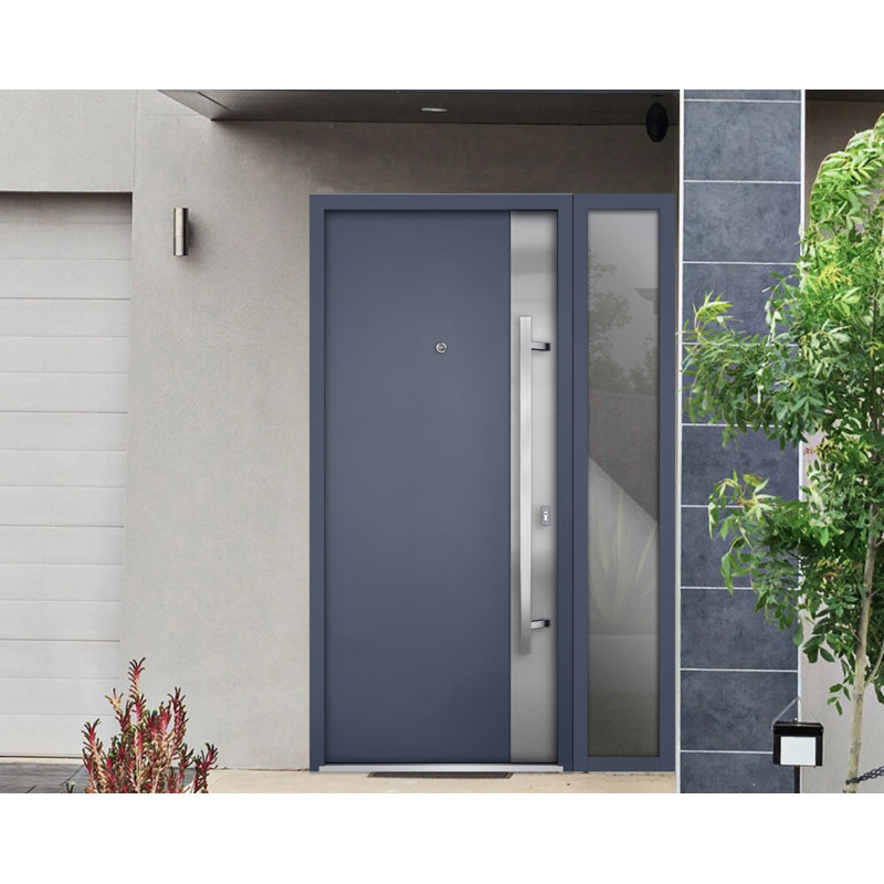 Porte d'entrée extérieure prémontée en acier Deux 0729 Gris graphite, fenêtre latérale extérieure avec inserts en acier inoxydable, style moderne, peinte - L 36 + 16 x H 80 - Ouverture gauche vers l'intérieur