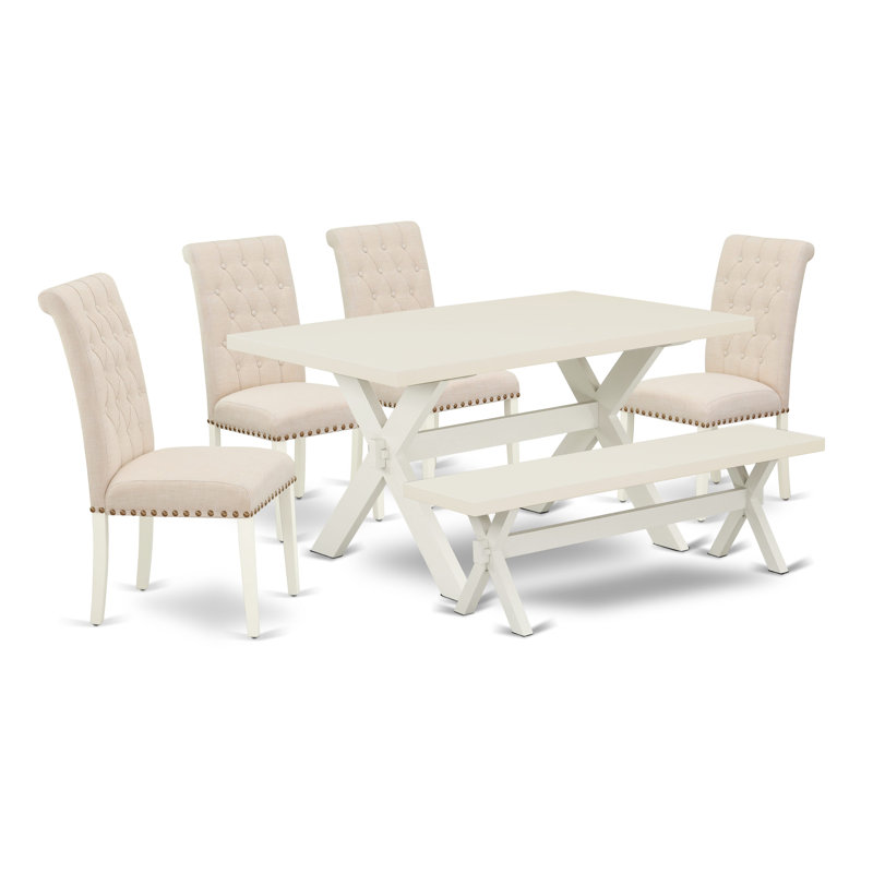 L'ensemble de table de cuisine 6 pièces contient une table de salle à manger rectangulaire avec des pieds en X et 4 chaises Parson en tissu de lin beige clair avec un banc, lin blanc