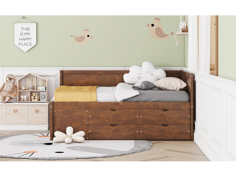 Full Size Daybed With Drawers And Shelves, Walnut, Full/Double, Walnut