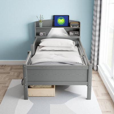 Lit plateforme simple en bois avec éclairage à DEL intégré, tête de lit multifonctionnelle, garde-corps et 2 tiroirs