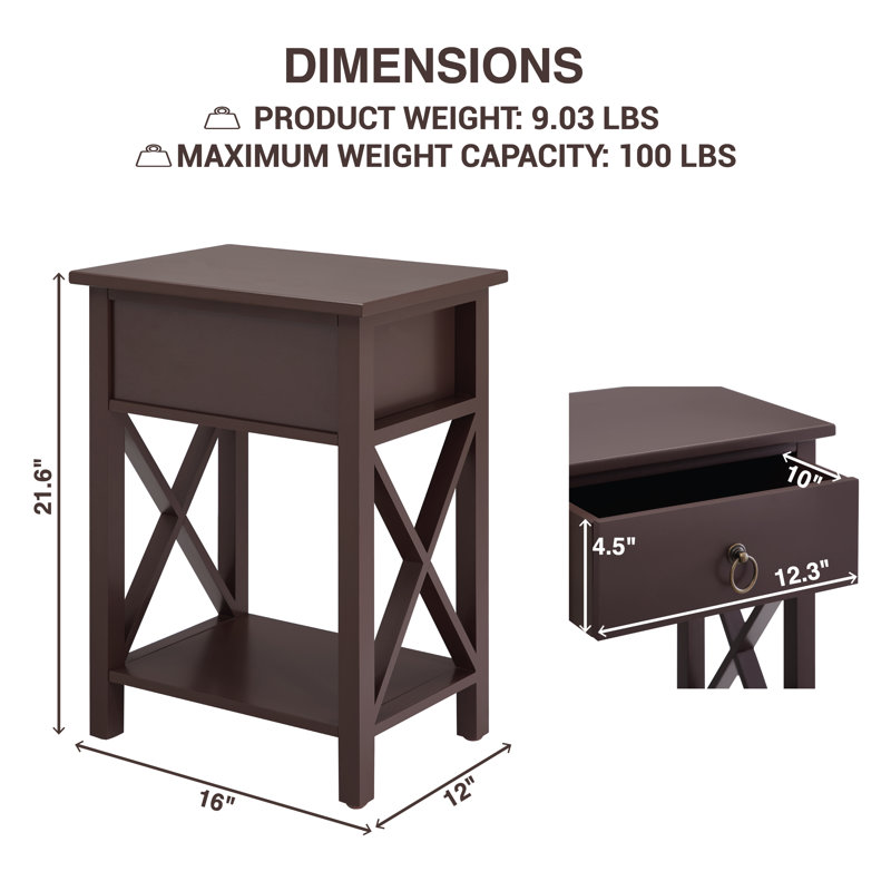 Espresso Solid Wood Small End Table with Drawer and Shelf