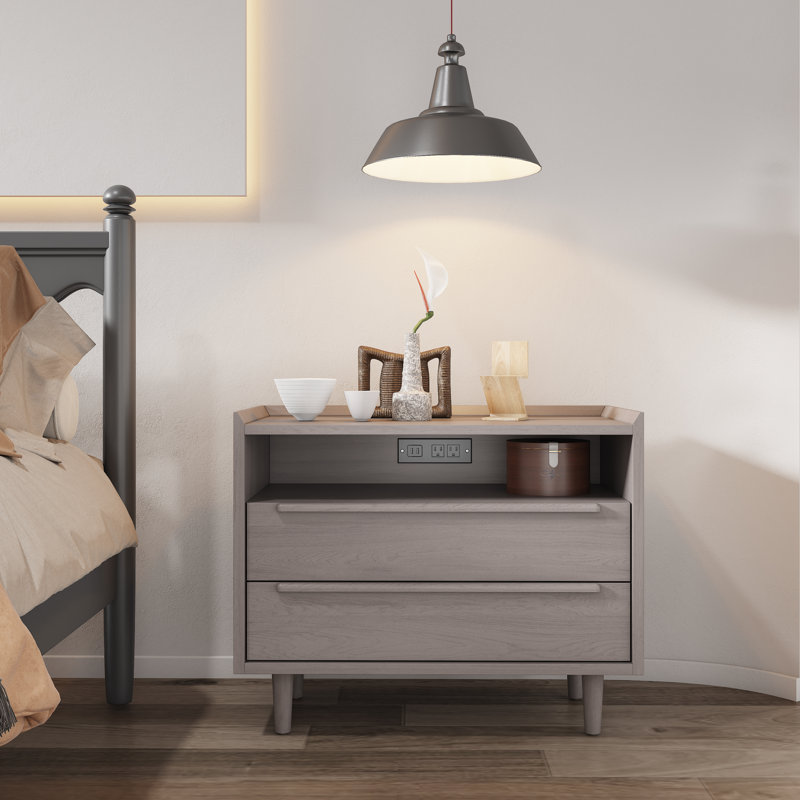 Table de chevet 2 tiroirs Mid-Century avec prises, Gris