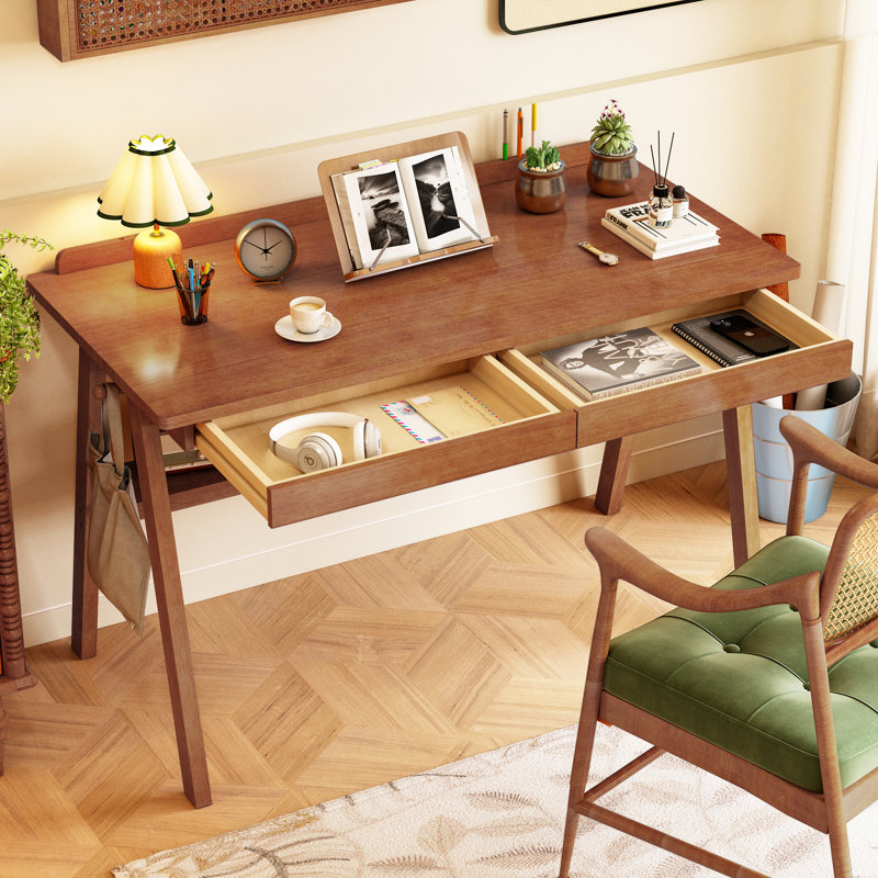 100% Solid Wood Desk With Drawers & Storage Shelf - 40 X 24 Inch Mid Century Modern Desks, Vintage Writing Desk With Deeper Desktop, Home Office Computer Desks For Bedroom & Home-walnut Color