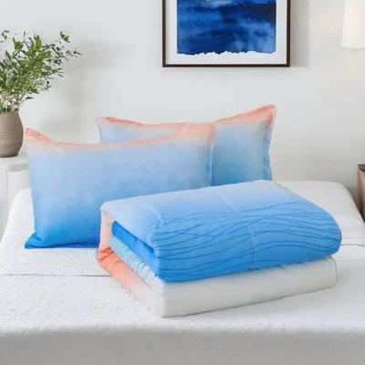 Ensemble de courtepointe bleu dégradé 3 pièces (grand lit) - Literie à motif de vagues moderne avec taies décoratives