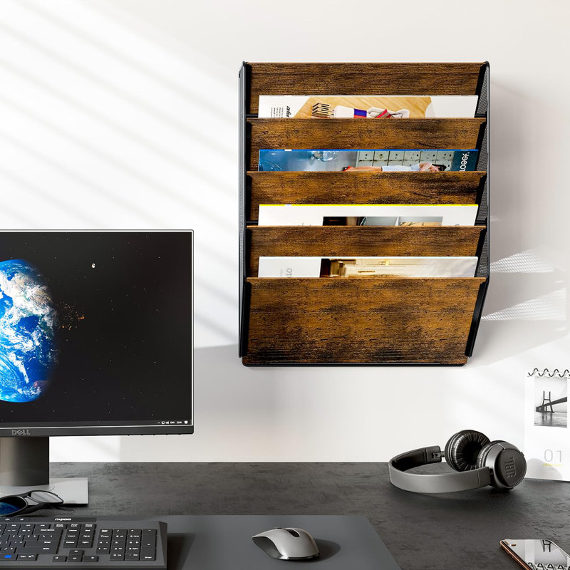 Wall File Organizer For Office, 5-Tier Rustic Hanging File Holder Wall Storage Rack For Documents/Magazine/Literature/File Folders/Mails/Envelopes, Brown