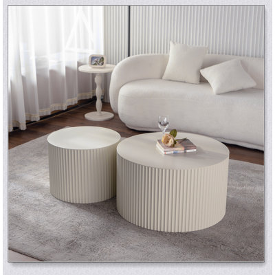 Beige Nesting Coffee Table Set Of 2, Modern Drum Side Table With Embossed Wave Stripe Design For Living Room