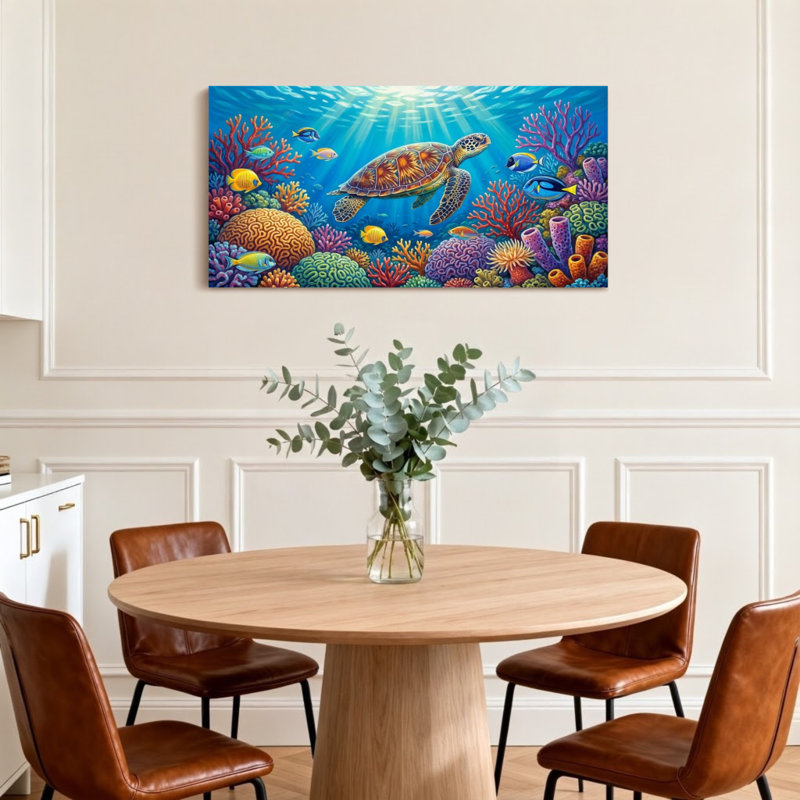 Animaux, tortue de mer, récif de corail, art coloré, H 16 po x l 32 po