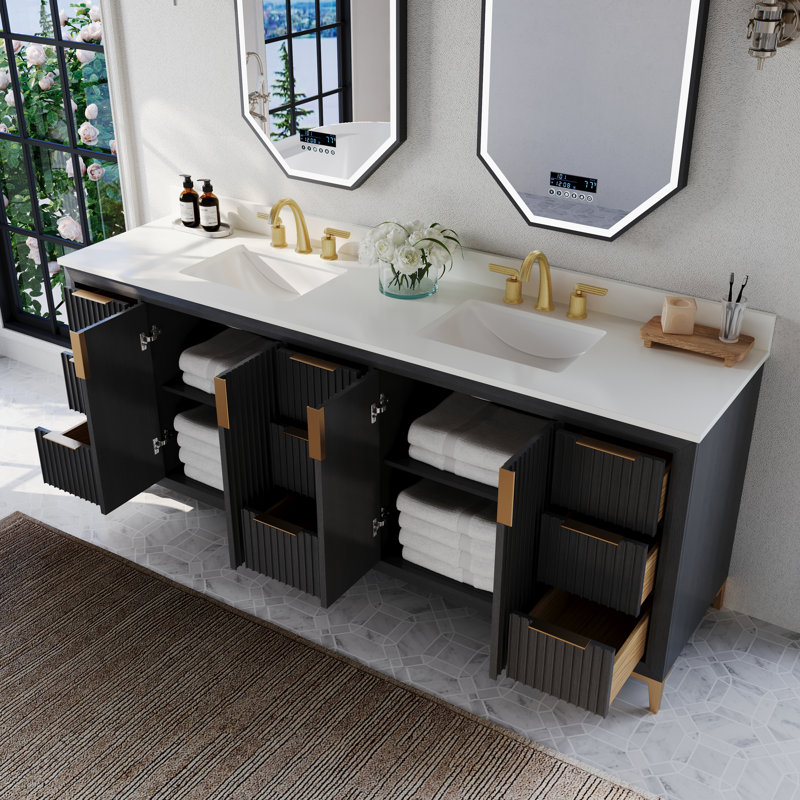 Turlington 84" Freestanding Standard Double Bathroom Vanity with Top, Black Oak