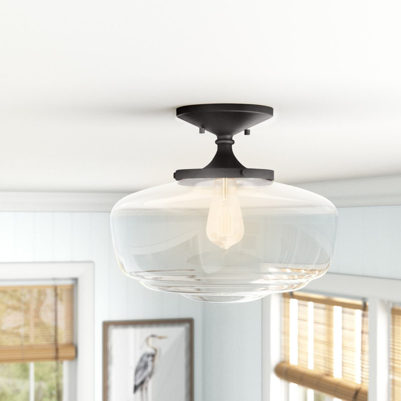 Tatem 14" 1-Light Modern Farmhouse Schoolhouse Glass/Metal LED Semi Flush Mount, Oil Rubbed Bronze, Clear