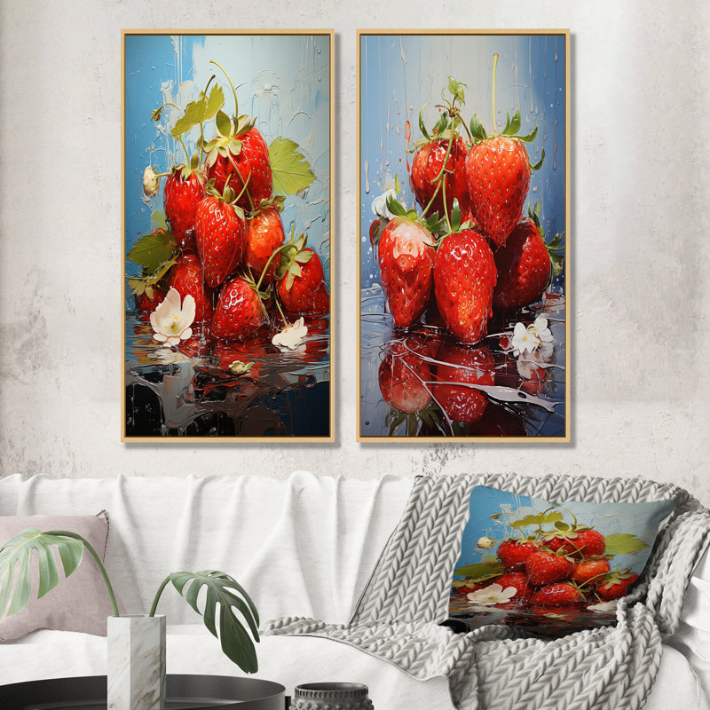 Ensemble de 2 décorations écarlates à motif de fraises - fruits, Encadrement brun, H 40 po x l 41 po