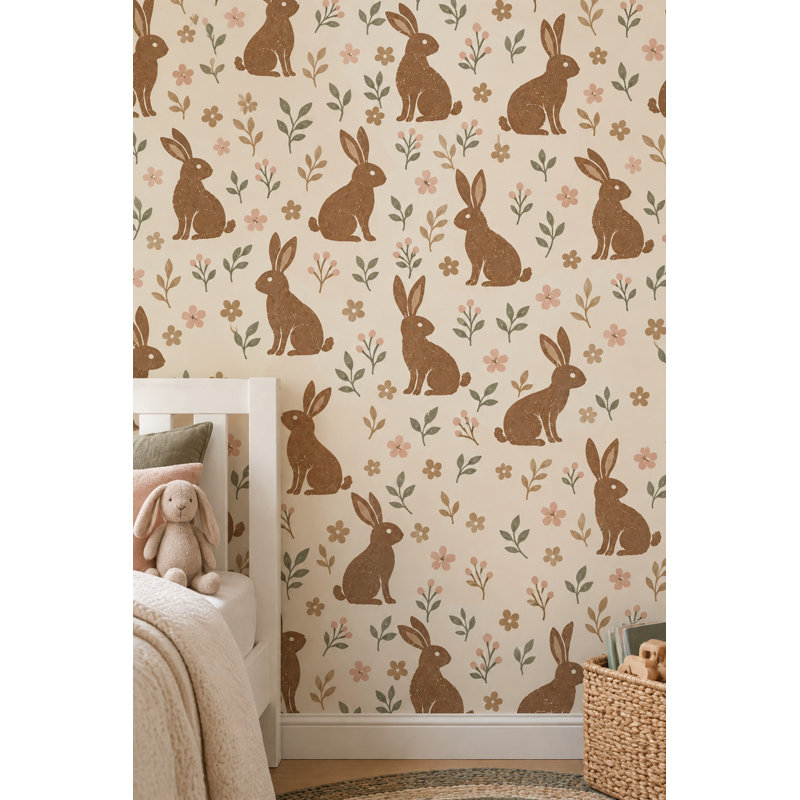 Bunny Wallpaper Vintage Floral Botanical Cream Background, Textured Non-Pasted