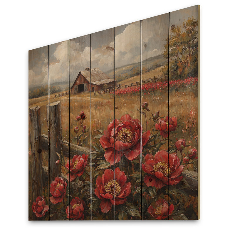 Pivoines rouges rétro par The Barn I - art mural en bois pivoines - sur bois de pin naturel, H 15 po x l 15 po x P 0,78 po