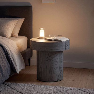 Round Side Table With Wood & Travertine Textured Finish