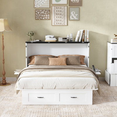 Queen Murphy Bed Cabinet with Charging Station & Large Storage Drawer, Foldable Panel Design, Hidden Space, Space-saving Cube Cabinet Bed Frame for Guest Room, Living Room, Office (No Mattress Included)