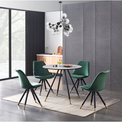 Pala 4 Person Dining set - a Round Wooden Dining Table with Metal Legs and a Set of 4 Quilted Velvet Dining Chairs for Dining Room - Modern Dining Table Set
