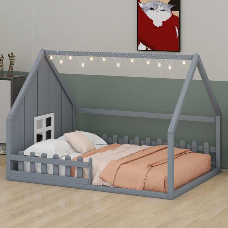 Lit maison avec fenêtre et clôture, DEL, Gris