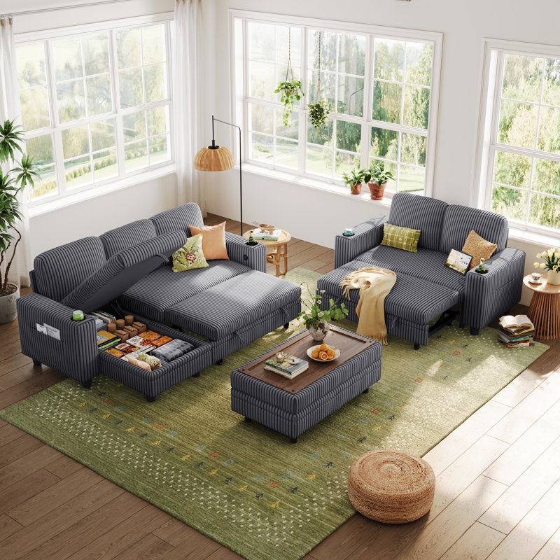 Sherry L Shaped Corduroy Sleeper Sectional With Storage Chaise , Ottoman And USB Charging, Milo Gray Corduroy