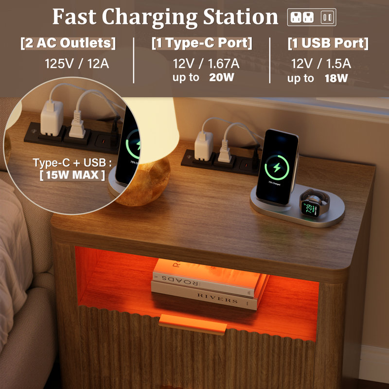 Fluted Nightstand With Charging Station,24" Night Stand With 2 Drawers And Storage Shelf,rgb Led Lighting,arc Edge Fluted Bedside Table For Bedroom