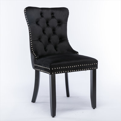 Ensemble de 2 chaises d'appoint modernes en velours capitonné avec garniture cloutée, pieds en bois massif, noir mat