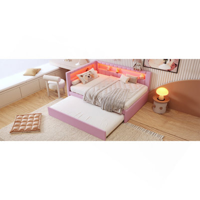 Upholstered Full Size Platform Bed With USB Ports And LED Belt, With Trundle, Pink