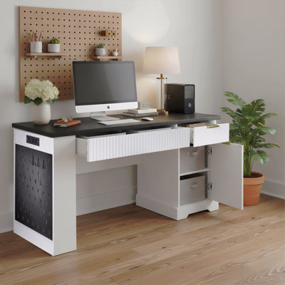 55" Modern Fluted Office Desk With Storage Cabinet & Drawers, Computer Writing Desk With Power Outlet, Pegboard, Built-In Shelves And Keyboard Tray For Study, Living Room, Home Office, White