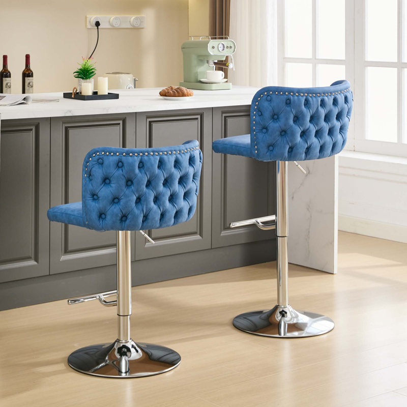 Jeneanne Upholstered Adjustable Height Counter Stool, Blue Leather, Chrome