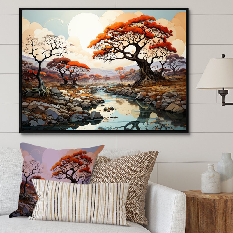 Paysage onirique Baobab II sur toile, Cadre flottant noir, H 34 po x l 44 po x P 1,5 po