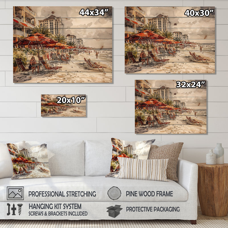 Scène de plage vibrante des années 1950 II - art mural en bois côtier sur bois de pin naturel, H 24 po x l 32 po