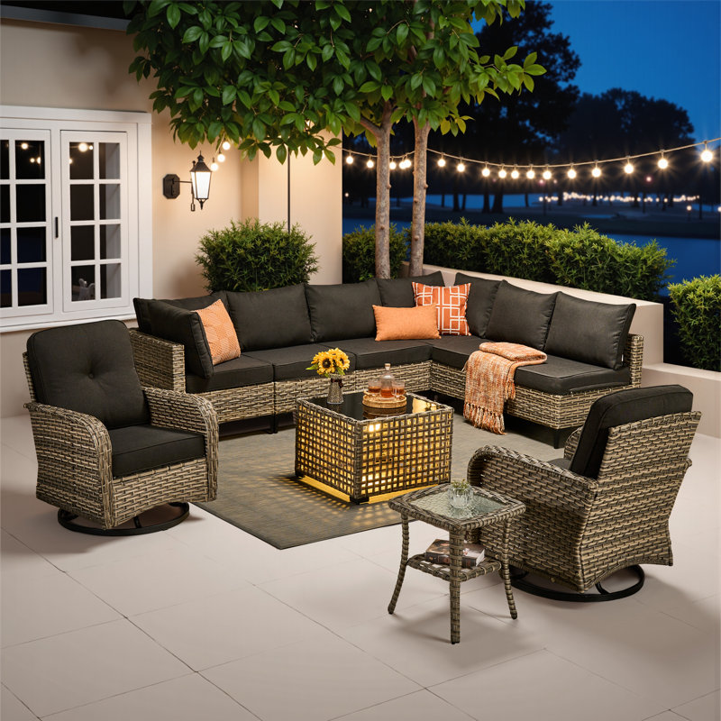 Emroy 8 - Person Wicker/Rattan Sectional Seating Group with Lighted Coffee Table and Swivel Chairs, All Weather Modular Outdoor Conversation Set with Cushions
