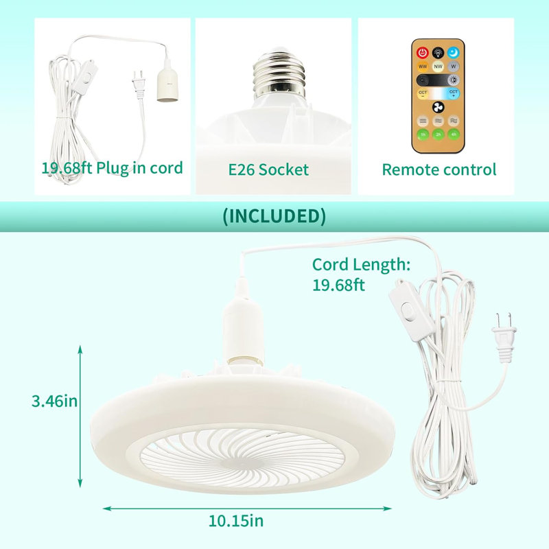 Plug In Ceiling Fan Light With Long Cord 19.68ft, Screw In Socket Fan Light With Remote Control, 110v Modern Led Small Portable Hanging For Bedroom Bathroom Gazebo Kitchen Kids Room Garage