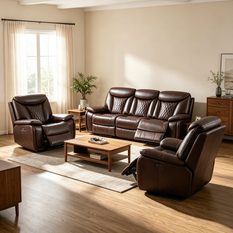Ensemble de salon inclinable électrique en cuir synthétique 3 pièces avec canapé et fauteuil inclinable, Brun