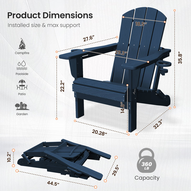 Chaise Adirondack pliante en polyéthylène haute densité Delman avec porte-gobelet double (ensemble de 2), Marine