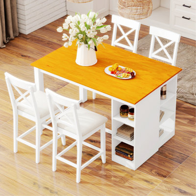 Ensemble de table de salle à manger à hauteur de comptoir en bois massif avec tablettes de rangement à 3 niveaux, 4 chaises et 1 table pour la salle à manger