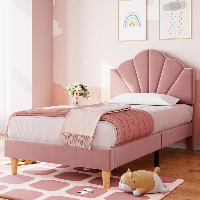 Twin Bed Frame, Velvet Upholstered Platform Bed Frame With Height Adjustable Headboard, Blue