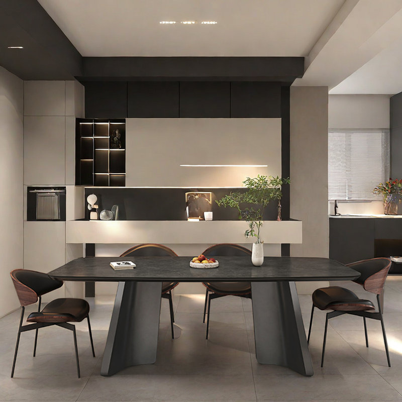 Modern Rectangular Rock Slab Dining Table Chair 4 - Person Double Pedestal Dining Set, 29.5"H x 78.7"L x 31.4"W